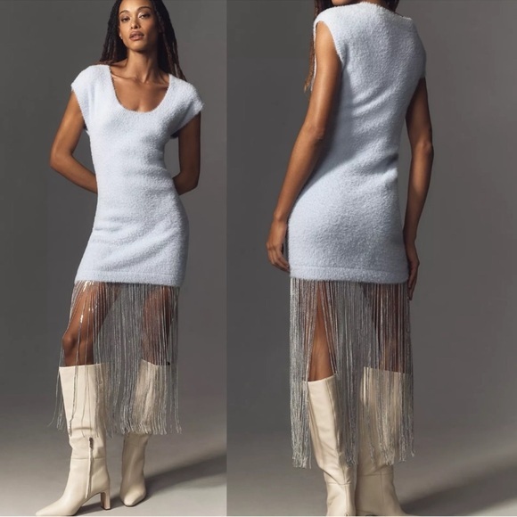 NWT Anthropologie Blue Silver Fringe-Trim Sweater Dress - Picture 1 of 9